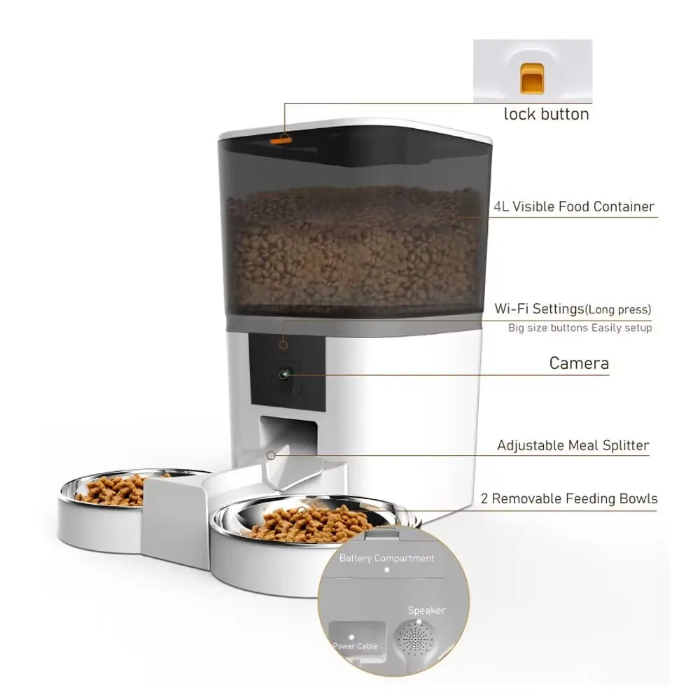 Smart Pet Feeder 4L – Dual Bowls, Camera, App Control