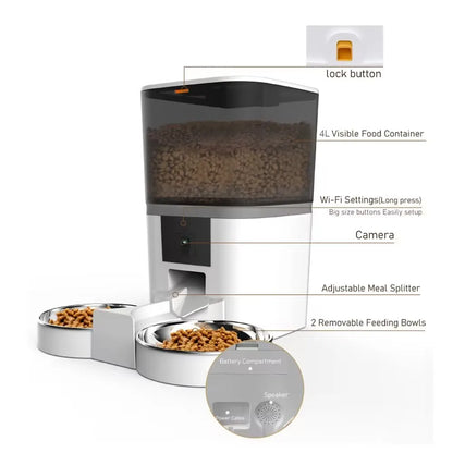 Smart Pet Feeder 4L – Dual Bowls, Camera, App Control